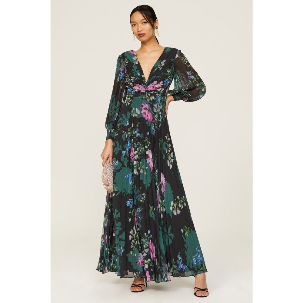 Badgley Mischka Black Floral Print Long Sleeve V-Neck Pleated Chiffon Gown 12